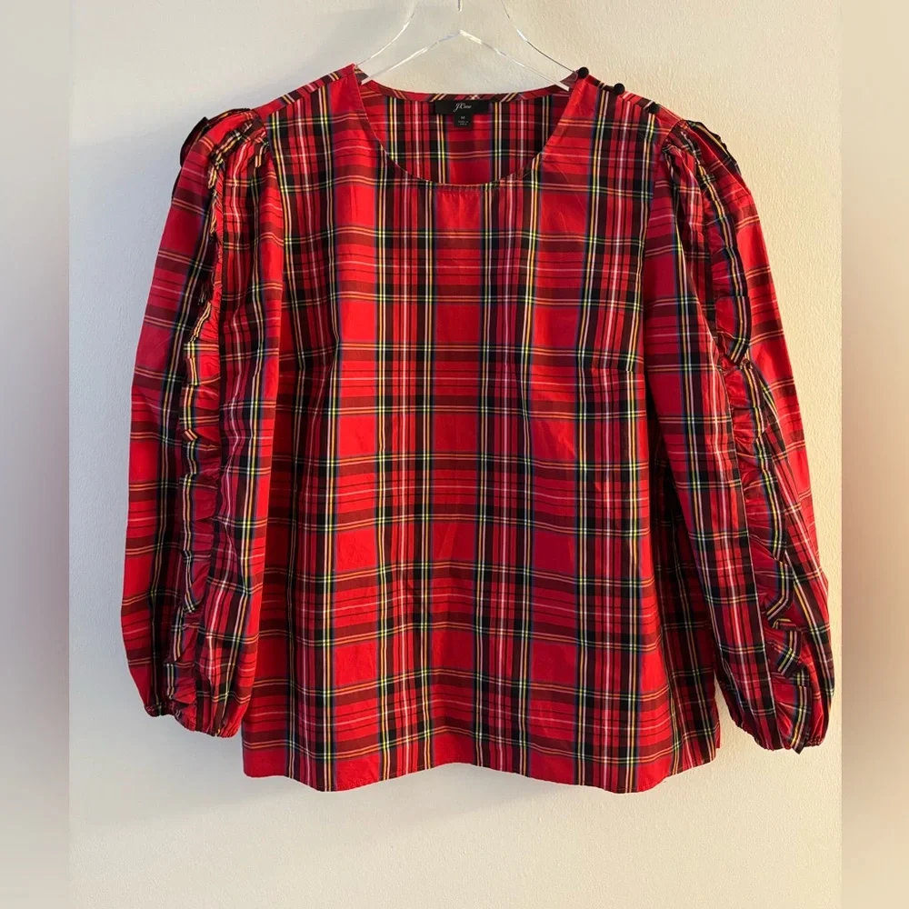 J. Crew Ruffle Sleeve Stewart Tartan Blouse Size Medium - Picture 3 of 6